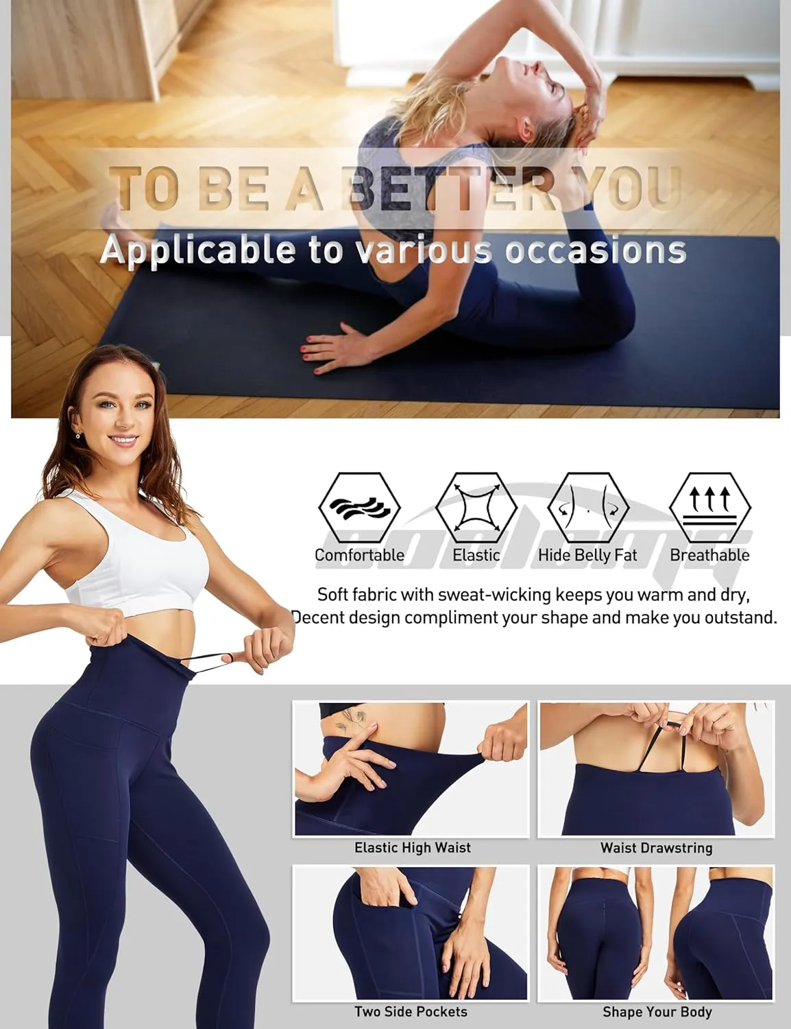 COOLOMG High Waist Yoga Pants with Pockets for Women Thick Tummy Control Workout Gym Running Leggings