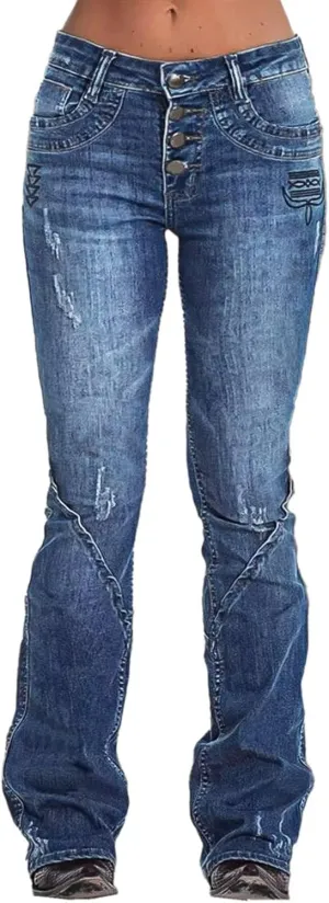 Flamingals Women's Mid Waist Wide Leg Jeans Embroidered Vintage Style Ripped Detail Buckle Jeans for Women