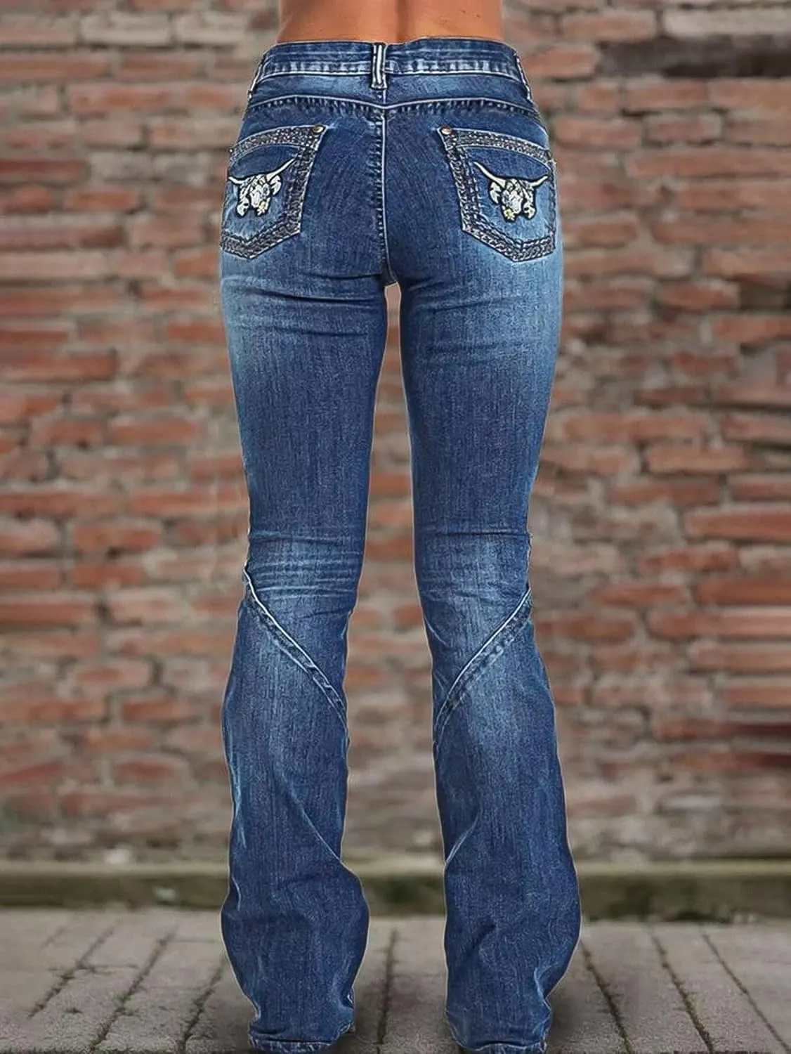 Flamingals Women's Mid Waist Wide Leg Jeans Embroidered Vintage Style Ripped Detail Buckle Jeans for Women