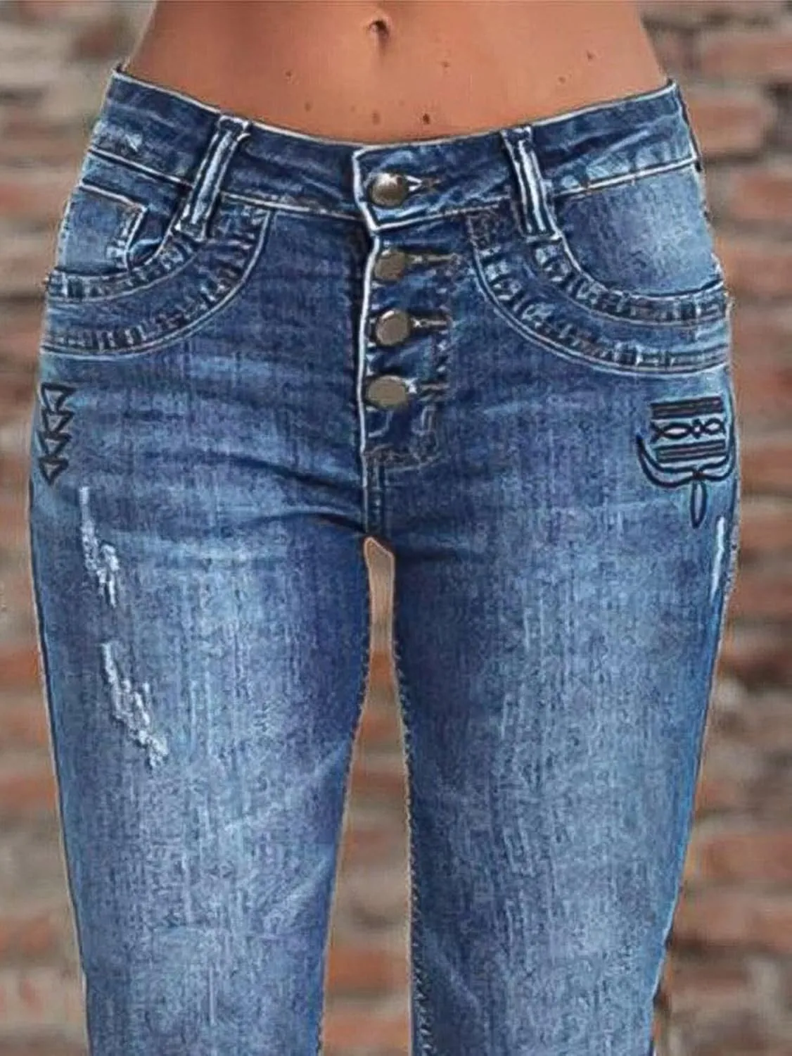 Flamingals Women's Mid Waist Wide Leg Jeans Embroidered Vintage Style Ripped Detail Buckle Jeans for Women