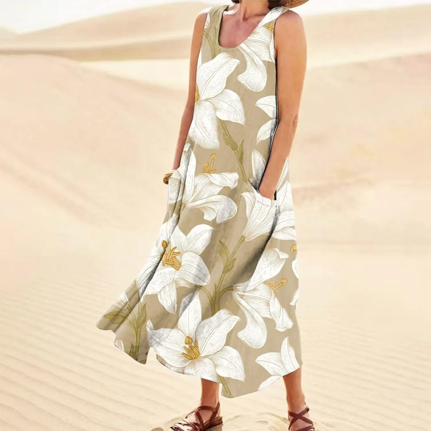 FlekmanArt Women Cotton and Linen Shirt Dress 2023 Summer U Neck Sleeveless Dress Gradient Casual Flowy Dress with Pocket