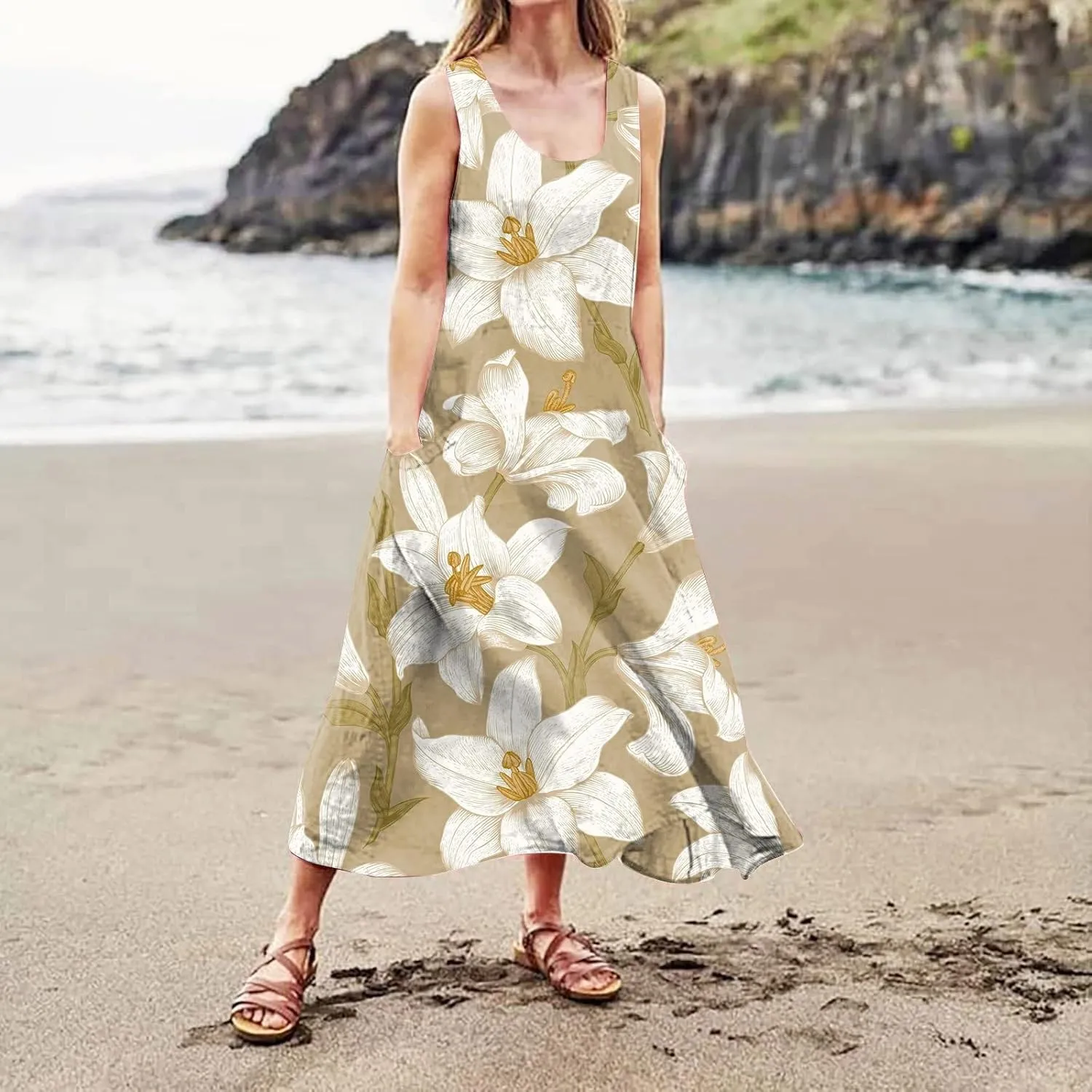 FlekmanArt Women Cotton and Linen Shirt Dress 2023 Summer U Neck Sleeveless Dress Gradient Casual Flowy Dress with Pocket
