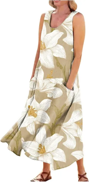 FlekmanArt Women Cotton and Linen Shirt Dress 2023 Summer U Neck Sleeveless Dress Gradient Casual Flowy Dress with Pocket