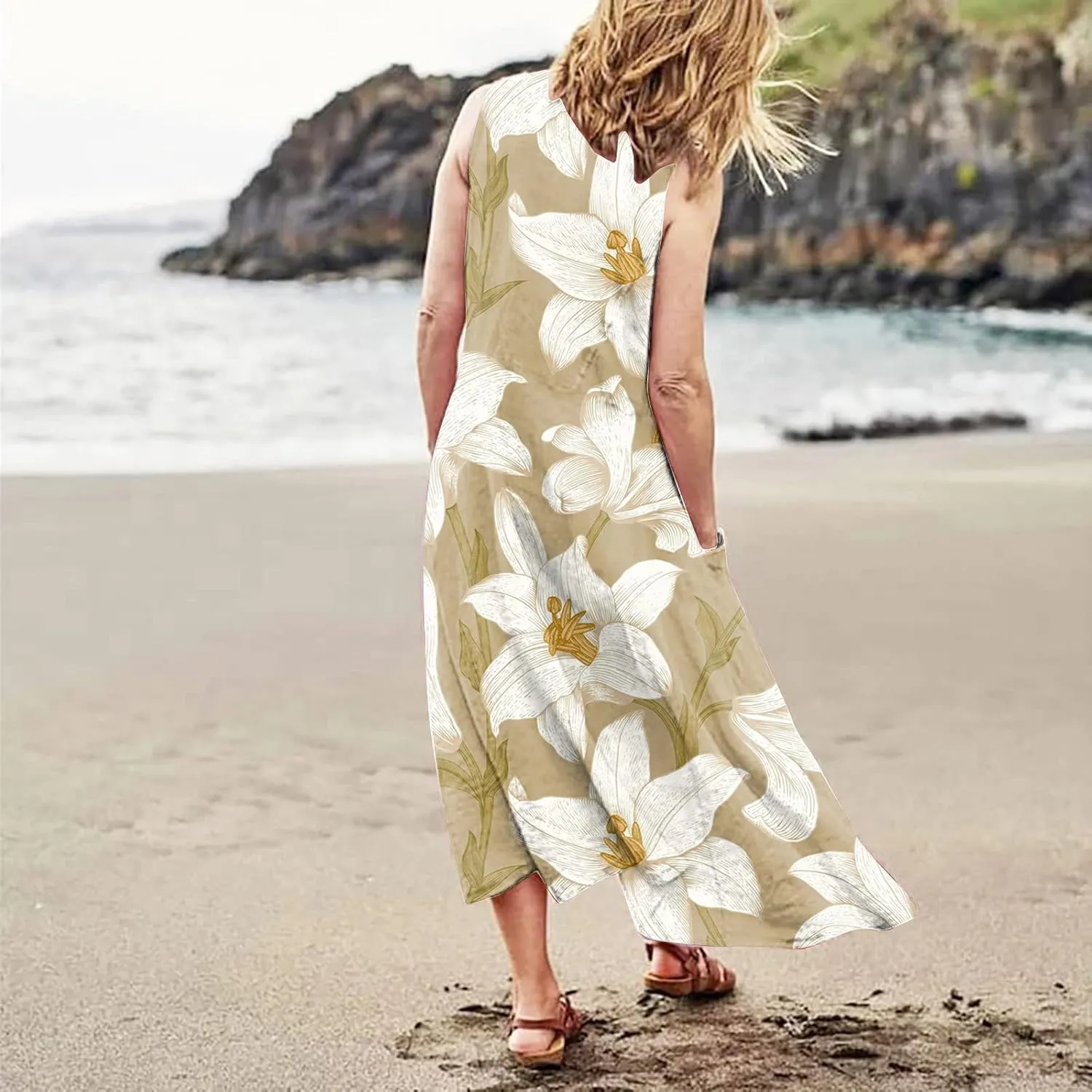 FlekmanArt Women Cotton and Linen Shirt Dress 2023 Summer U Neck Sleeveless Dress Gradient Casual Flowy Dress with Pocket