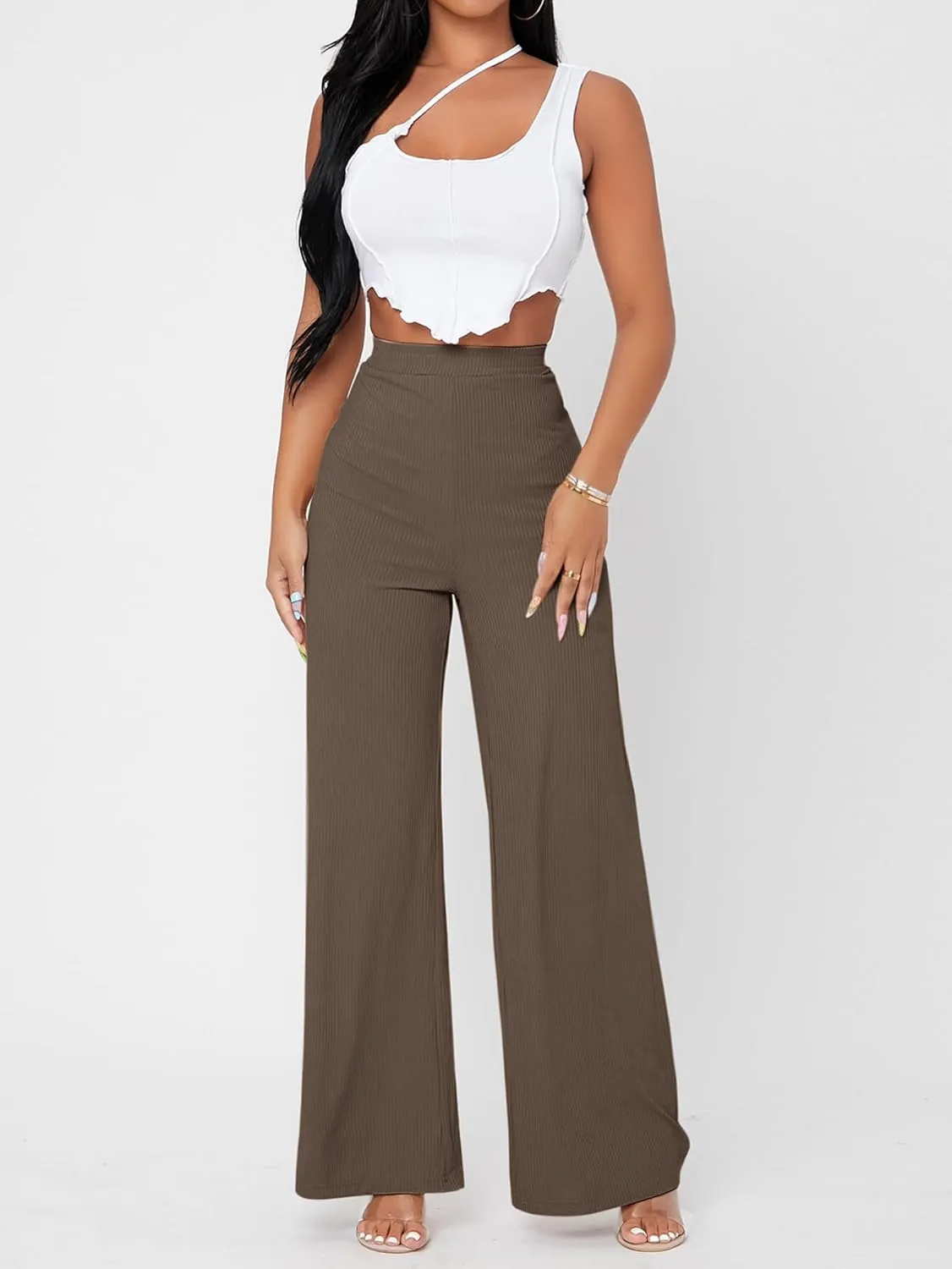 Floerns Women's Elastic High Waist Wide Leg Trousers Loose Fit Solid Rib Knit Work Out Pants