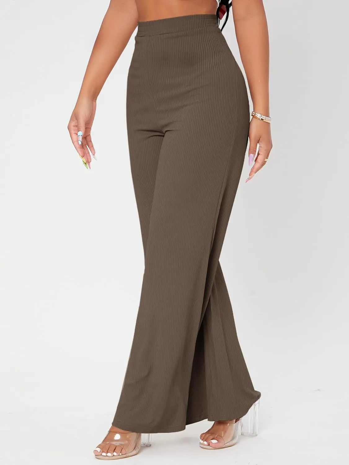 Floerns Women's Elastic High Waist Wide Leg Trousers Loose Fit Solid Rib Knit Work Out Pants