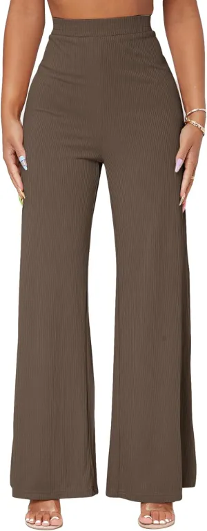 Floerns Women's Elastic High Waist Wide Leg Trousers Loose Fit Solid Rib Knit Work Out Pants