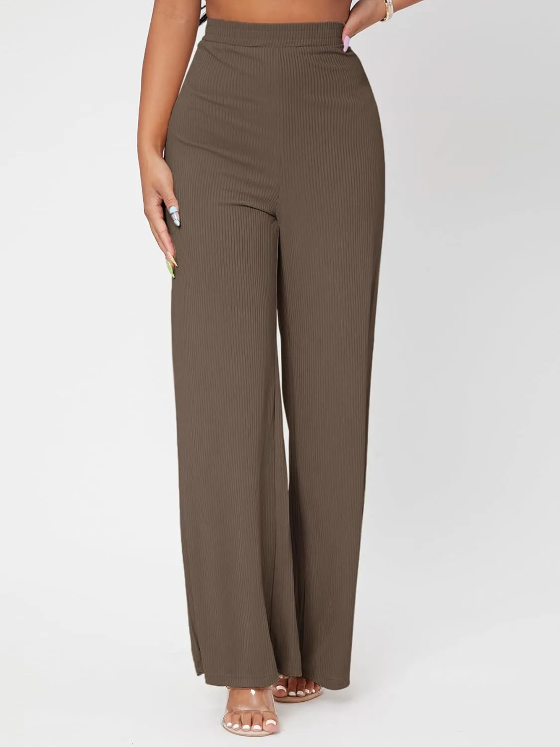 Floerns Women's Elastic High Waist Wide Leg Trousers Loose Fit Solid Rib Knit Work Out Pants