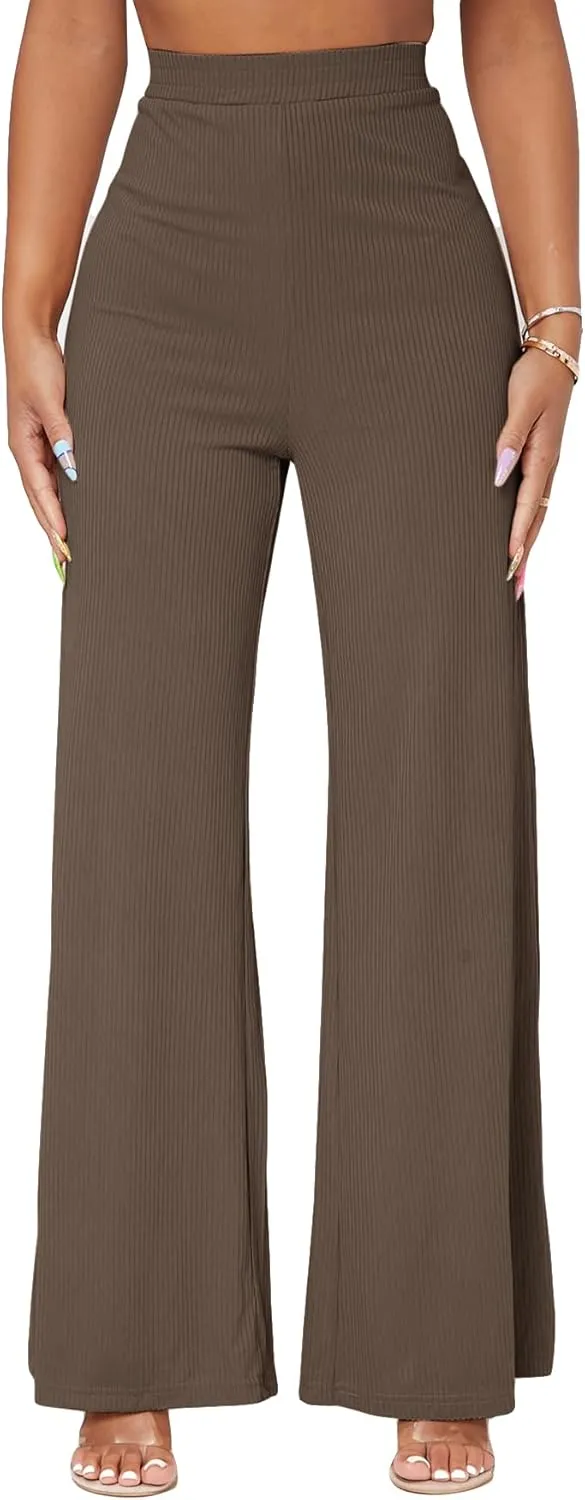 Floerns Women's Elastic High Waist Wide Leg Trousers Loose Fit Solid Rib Knit Work Out Pants