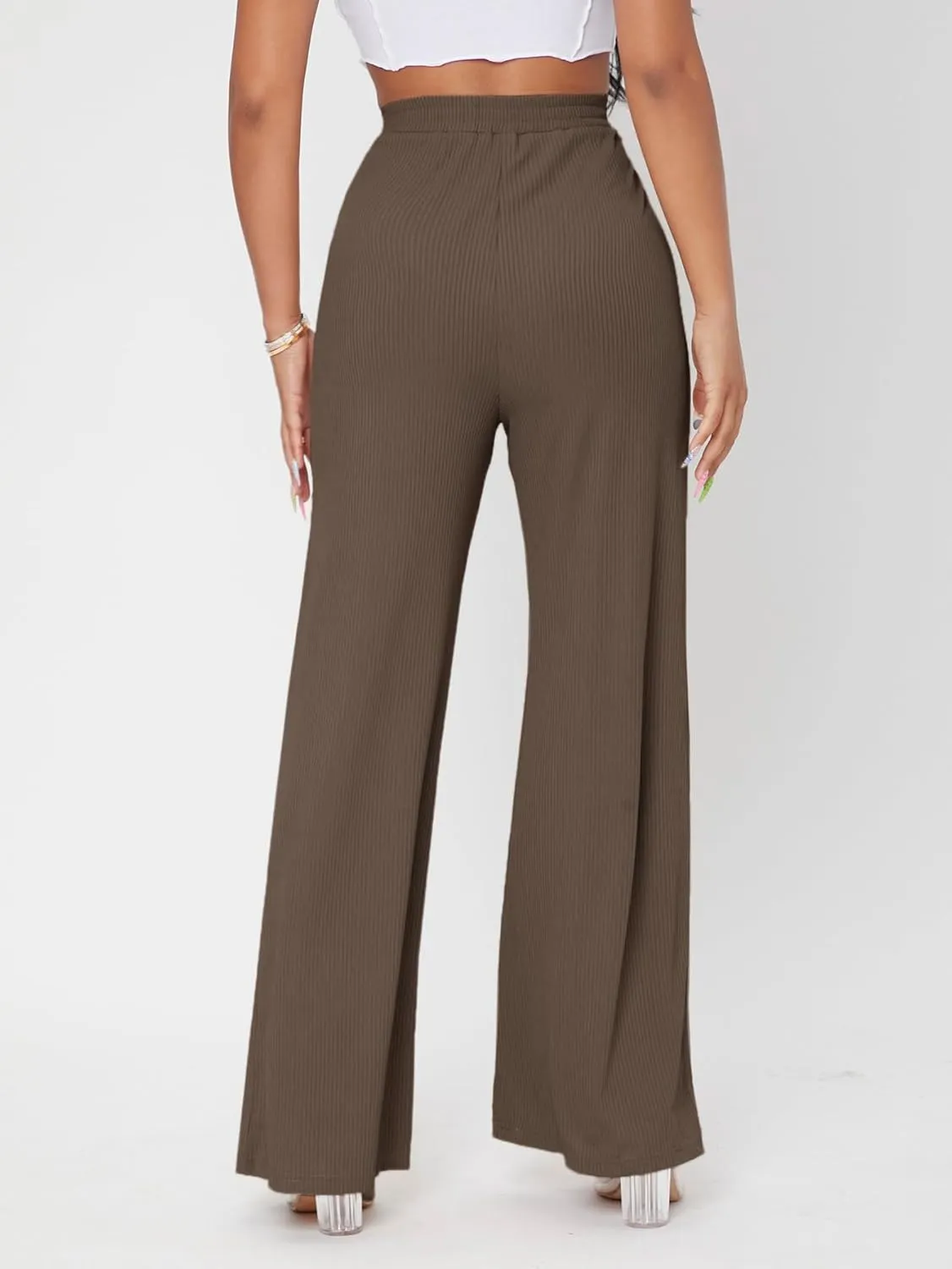 Floerns Women's Elastic High Waist Wide Leg Trousers Loose Fit Solid Rib Knit Work Out Pants