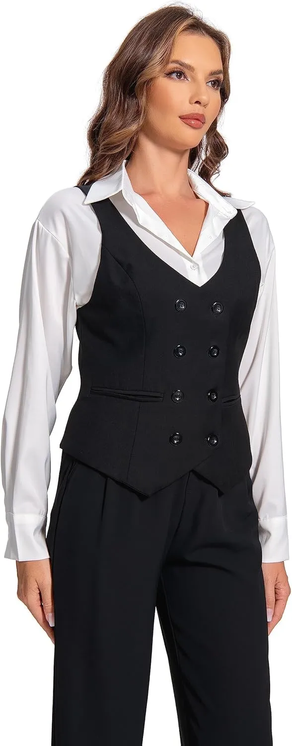 Foucome Womens Suit Vest Double Breasted V-Neck Fashion Dressy Casual Waistcoat Vest for Women