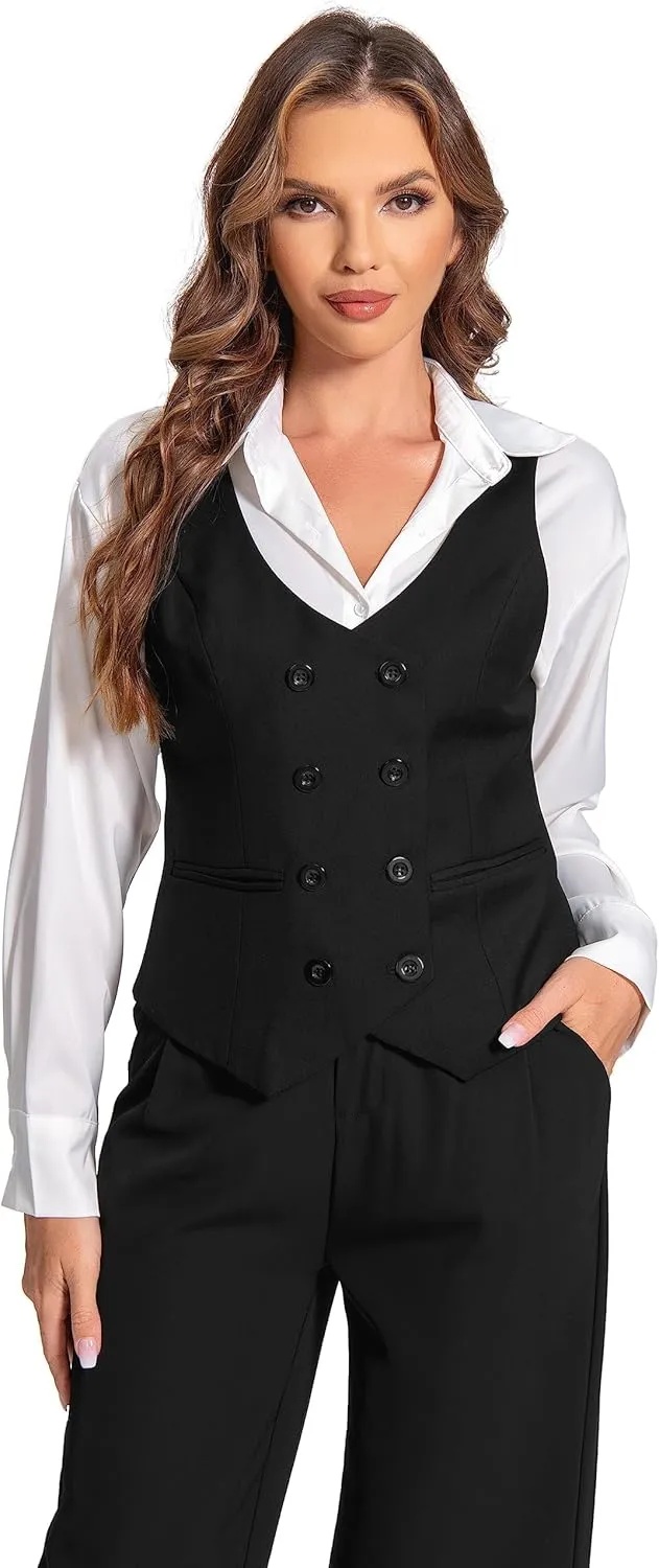 Foucome Womens Suit Vest Double Breasted V-Neck Fashion Dressy Casual Waistcoat Vest for Women