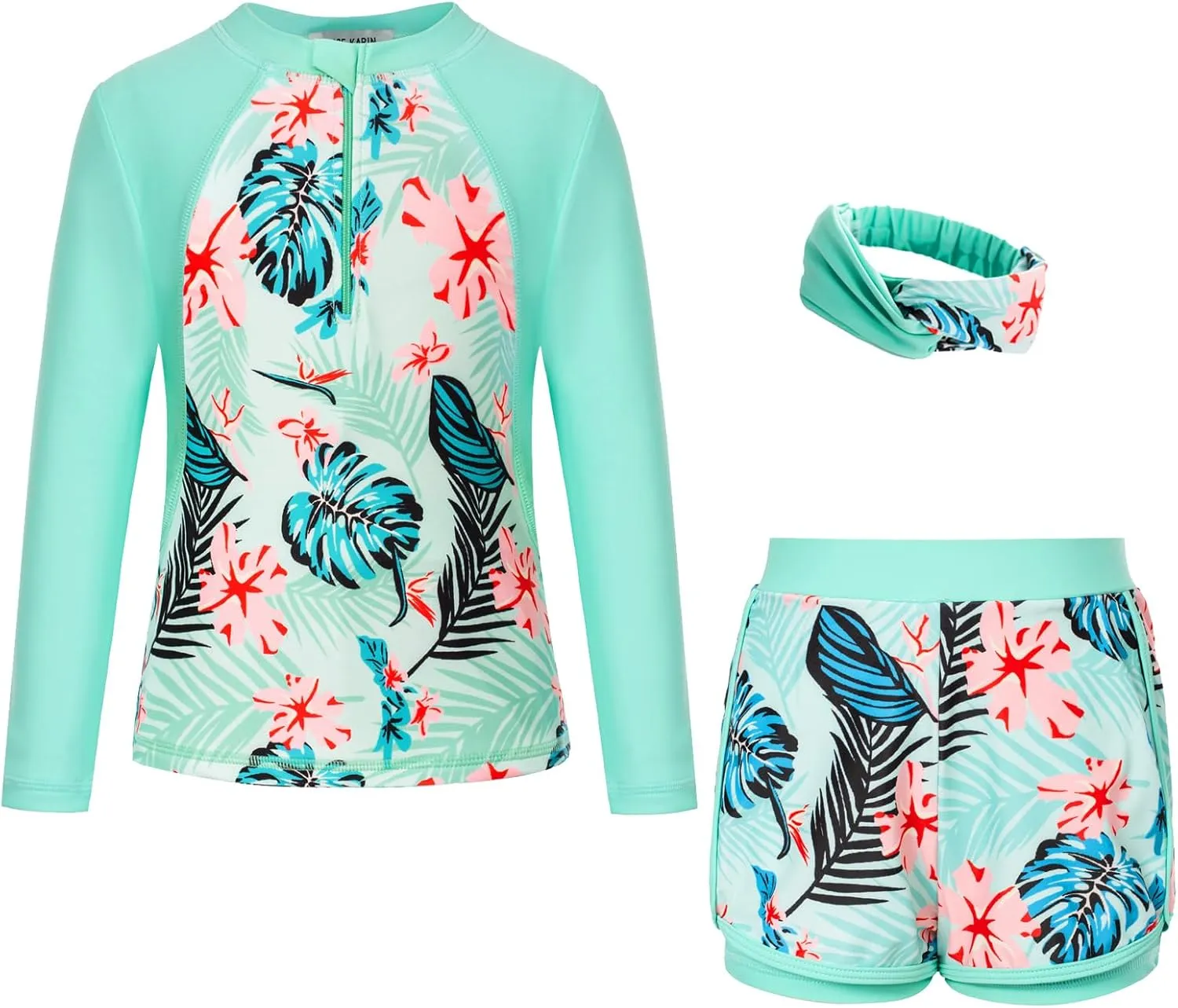GRACE KARIN Girls 2-Piece Rash Guard Set Long Sleeve Swimwear with Hairband 5-12Y