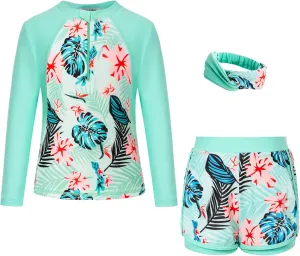 GRACE KARIN Girls 2-Piece Rash Guard Set Long Sleeve Swimwear with Hairband 5-12Y