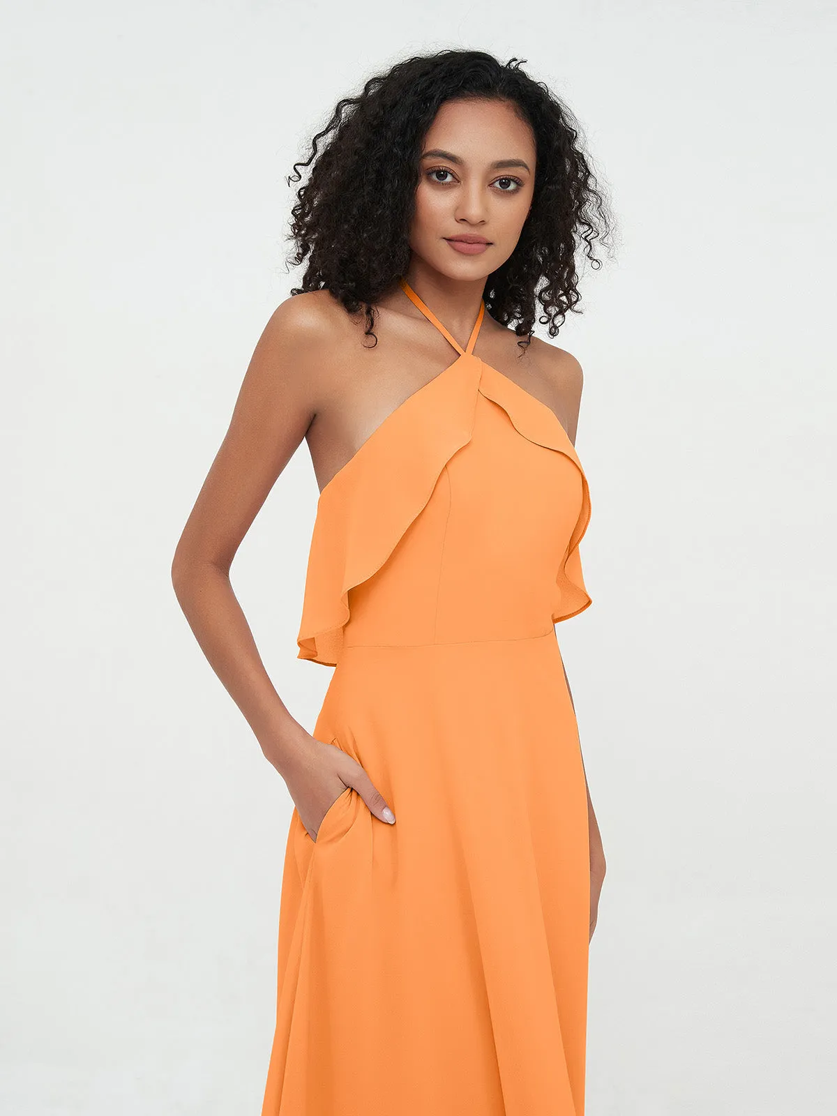 Halter Strap Chiffon Long Bridesmaid Dresses Orange