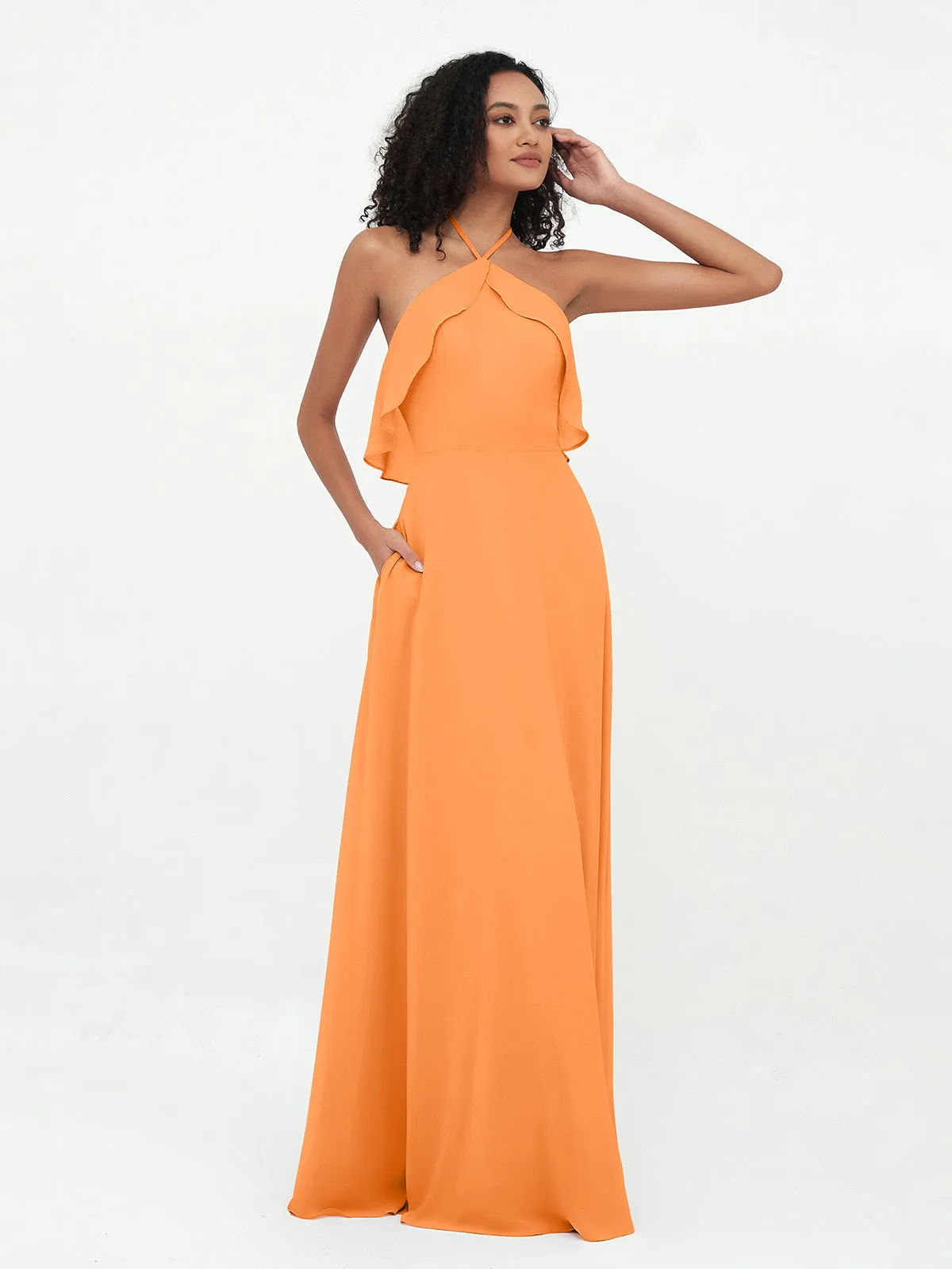 Halter Strap Chiffon Long Bridesmaid Dresses Orange