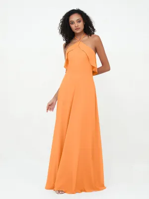 Halter Strap Chiffon Long Bridesmaid Dresses Orange