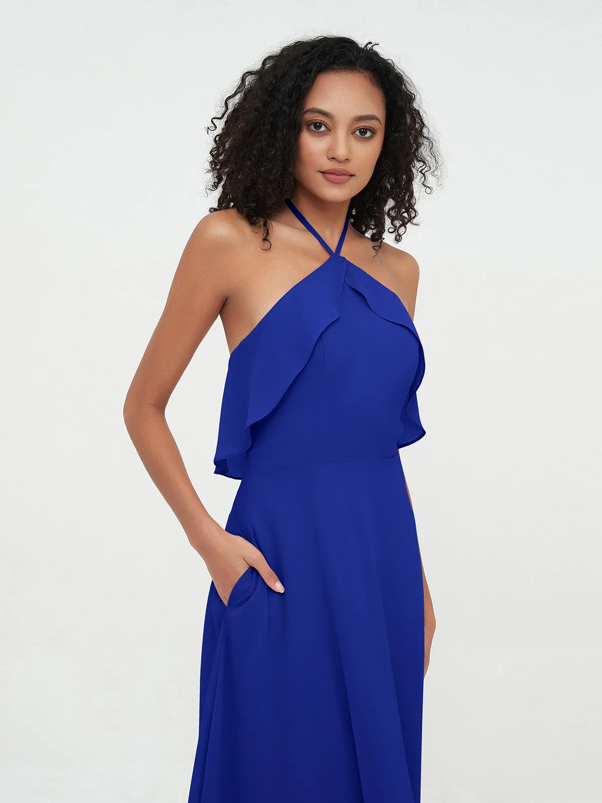 Halter Strap Chiffon Long Bridesmaid Dresses Royal Blue