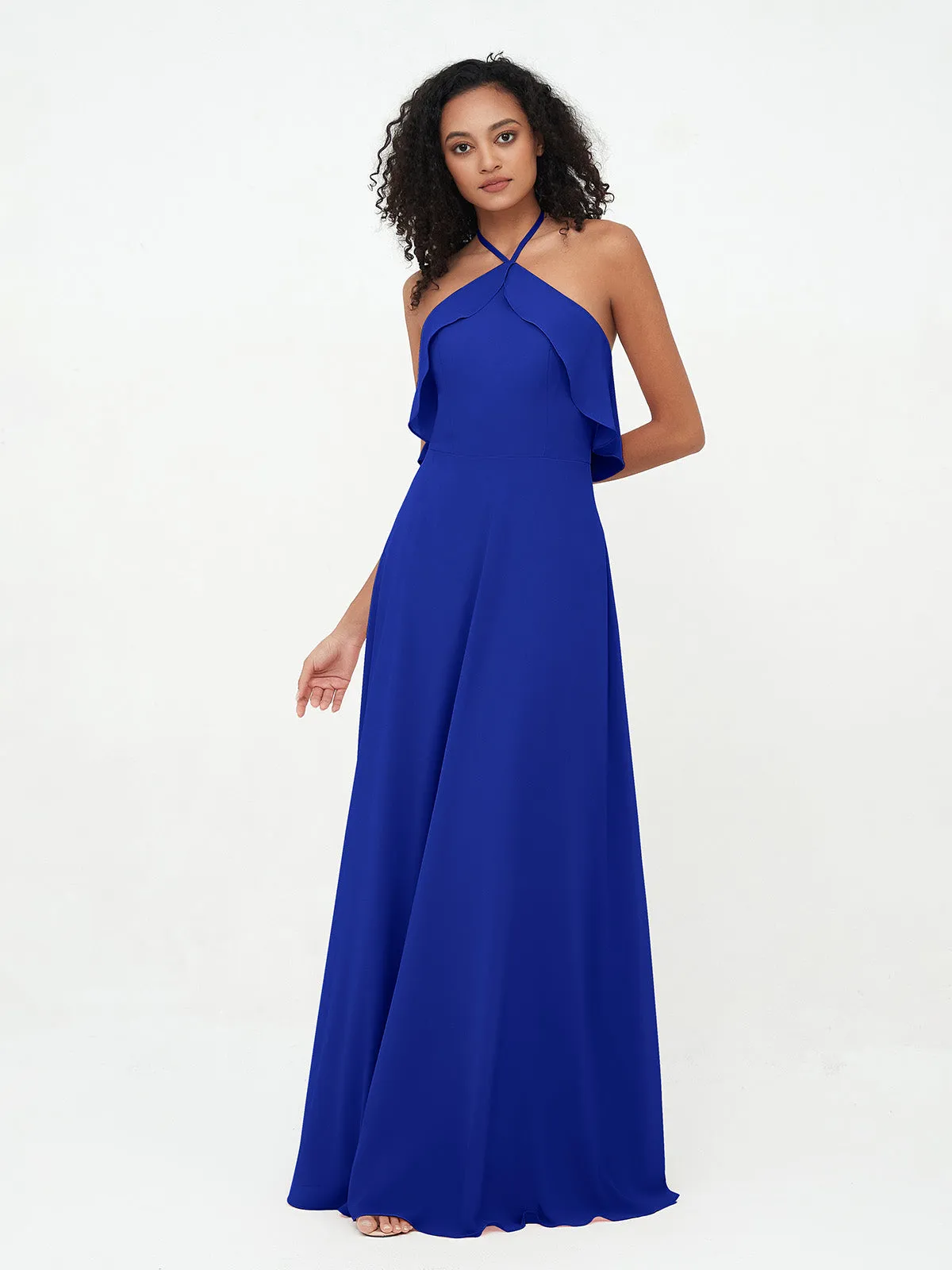 Halter Strap Chiffon Long Bridesmaid Dresses Royal Blue
