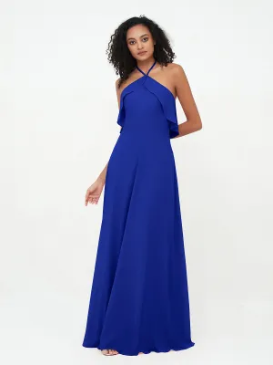Halter Strap Chiffon Long Bridesmaid Dresses Royal Blue
