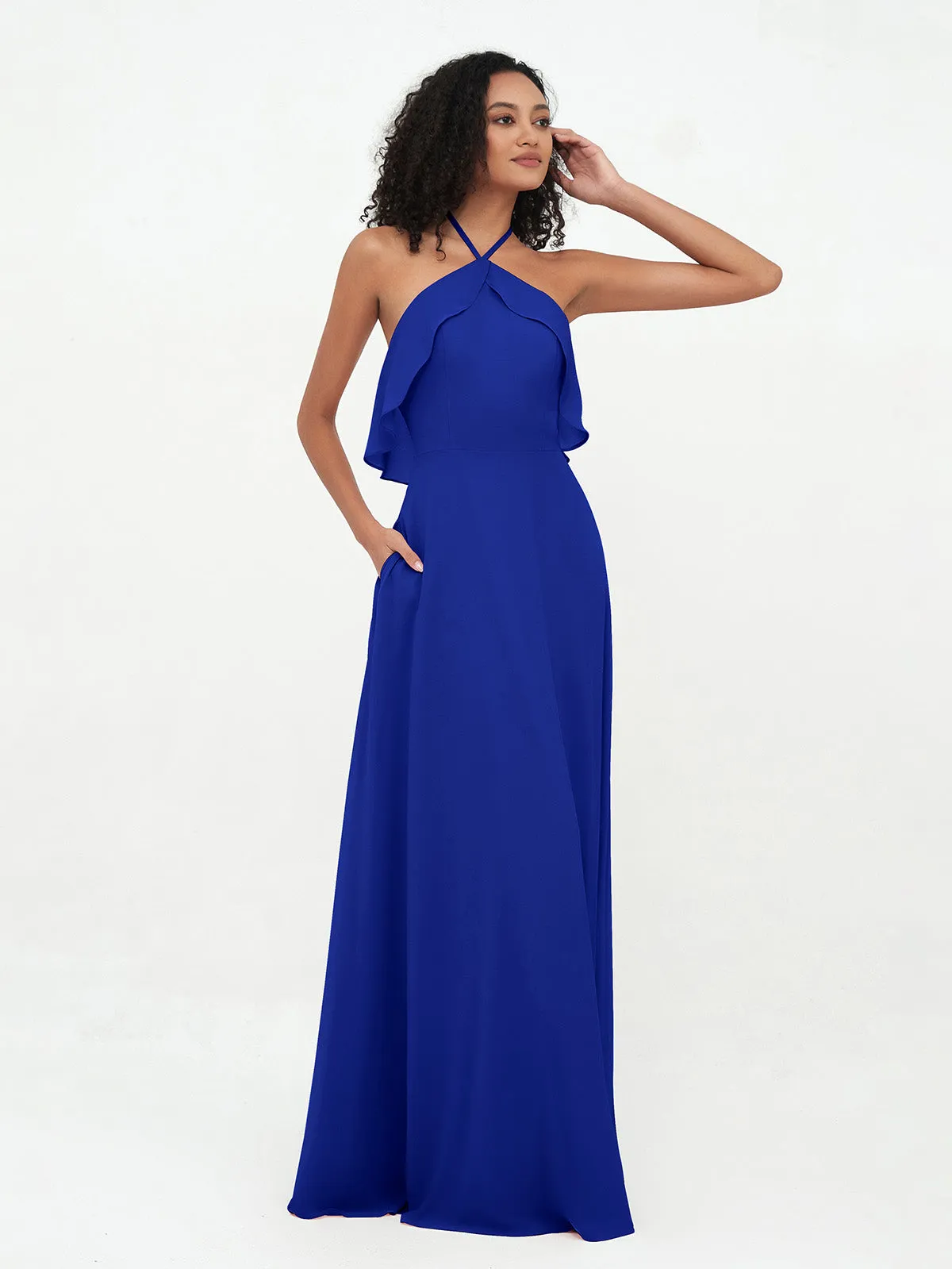 Halter Strap Chiffon Long Bridesmaid Dresses Royal Blue