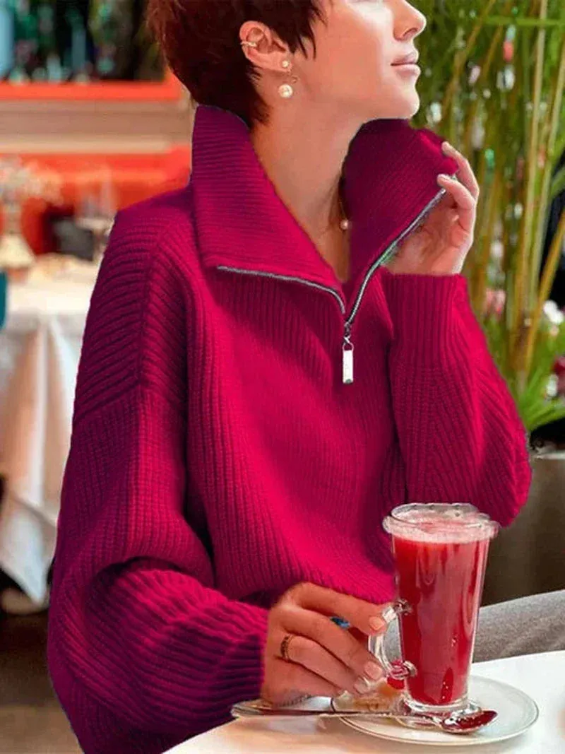 Hannah - Chic half-zip knit sweater for soft comfort and style