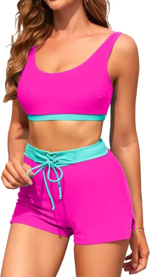 High Waisted Bikini Sets with Shorts Two Piece Swimsuits Full Coverage Bathing Suit Tummy Control Tankini