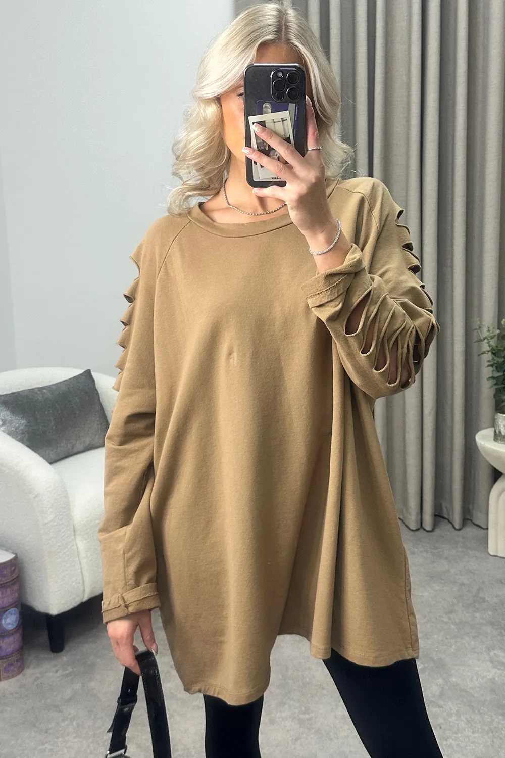 Lisa Dark Beige Slash Sleeve Oversized Jumper Dress