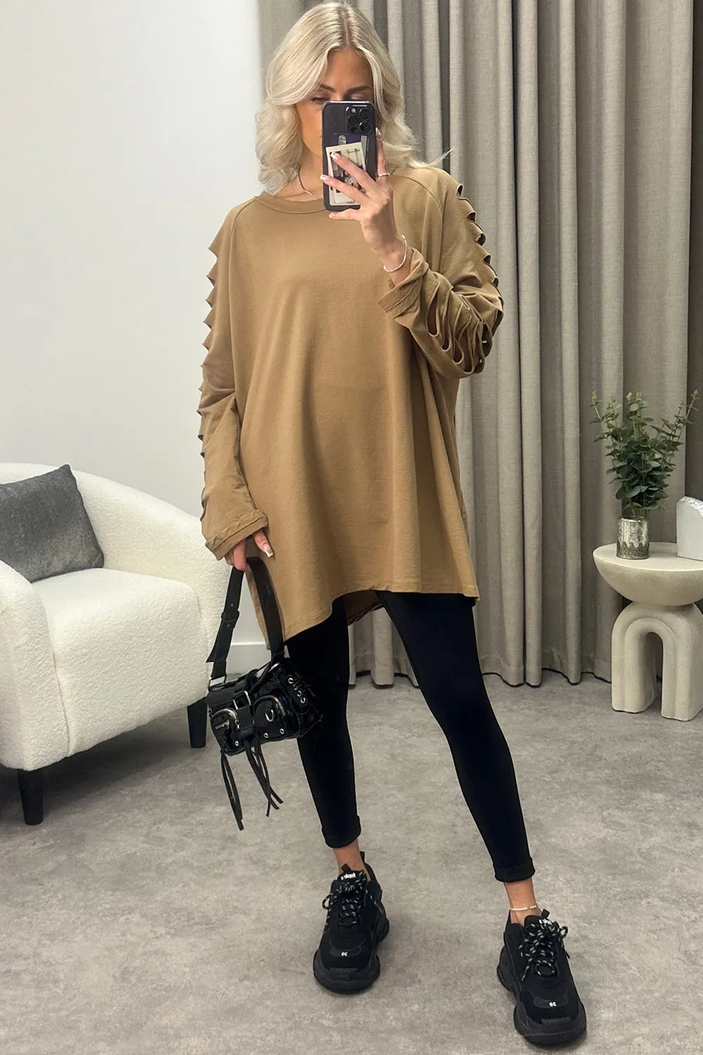 Lisa Dark Beige Slash Sleeve Oversized Jumper Dress