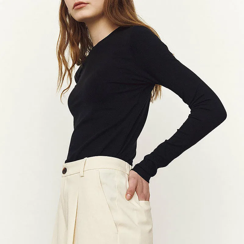 Long Sleeve Round Neck T shirt Fall Women Clothing Bamboo Fiber Blended High Elastic Slim Fitting Basic T shirt Bottoming Shirt