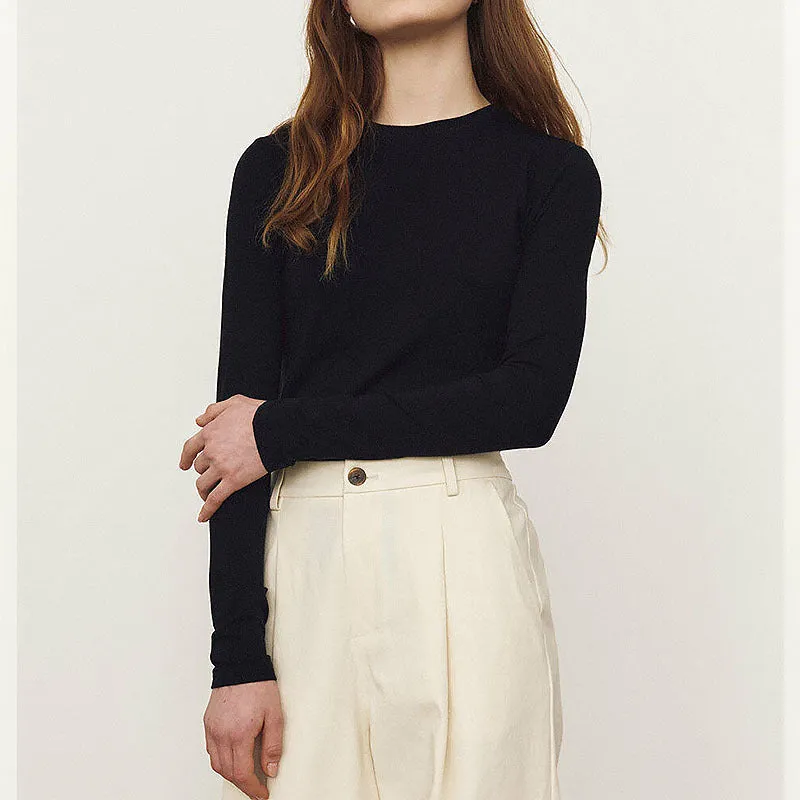 Long Sleeve Round Neck T shirt Fall Women Clothing Bamboo Fiber Blended High Elastic Slim Fitting Basic T shirt Bottoming Shirt