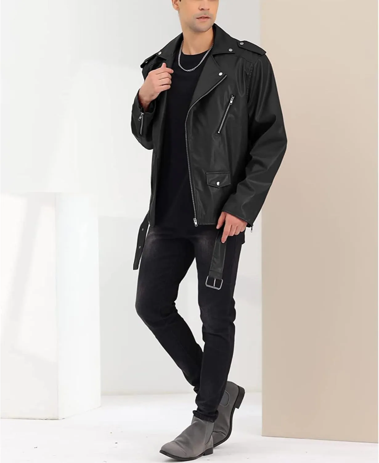 Maiyifu-GJ Mens Faux Leather Biker Jacket Vintage Asymmetric Zip Motorcycle Jackets PU Lightweight Punk Belted Slim Coat