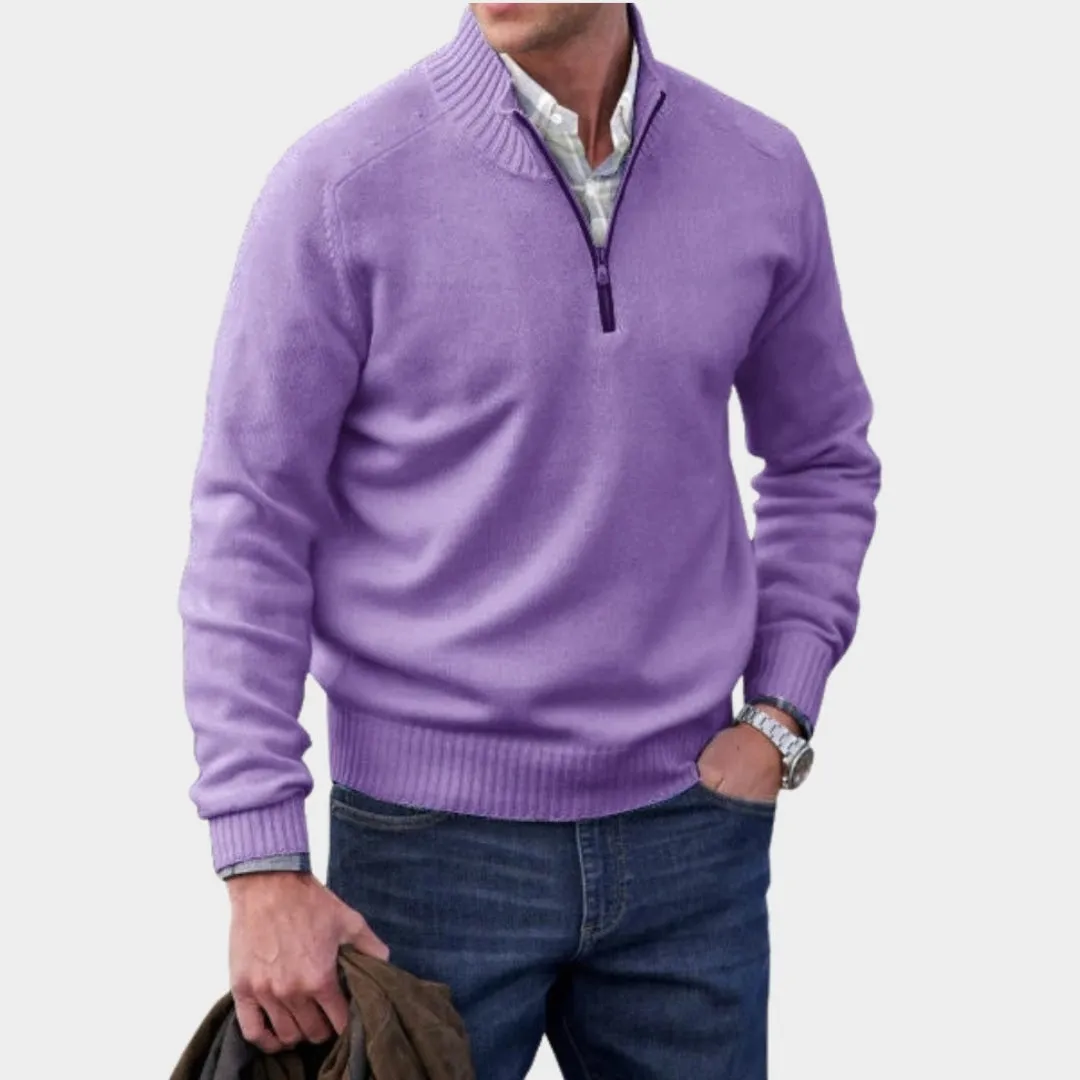 Men's Cashmere Zipper Sweater  Fleece Thick Half-Zip Turtleneck, Purple/White/Blue/and More