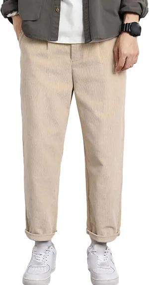 Men's Corduroy Flat Front Pants Straight Leg Slim Fit Corduroy Pant Vintage Classic Stretch Chino Trousers