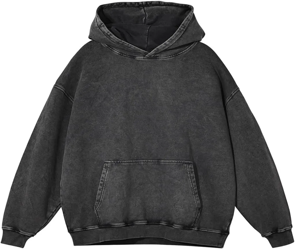 Mens Hoodies Pullover Vintage Hooded Sweatshirt Washed Hoodie Oversized Heavyweight Streetwear Cotton Sweatshirt with Pockets(Dark Grey,2XL)