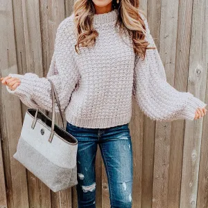 Mock Neck Balloon Sleeve Chunky Crochet Sweater