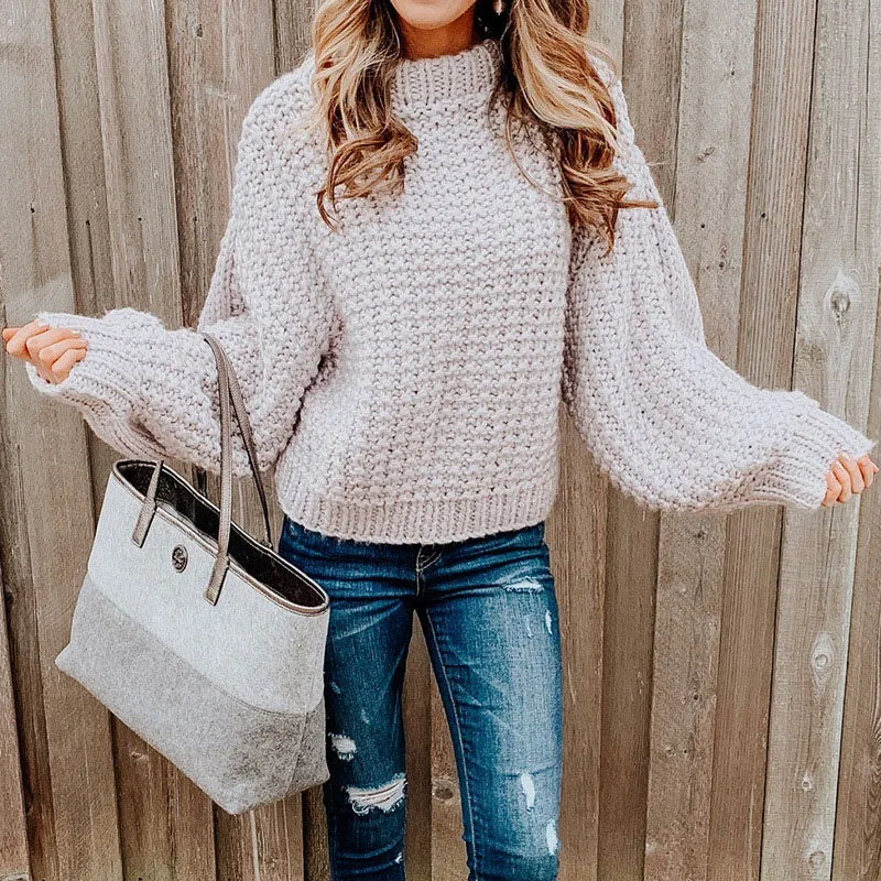 Mock Neck Balloon Sleeve Chunky Crochet Sweater
