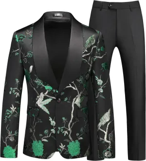 MOGU Mens 3 Piece Suit Slim Fit Tuxedo Floral Print Jacket Vest Pants Set for Wedding Prom Dinner