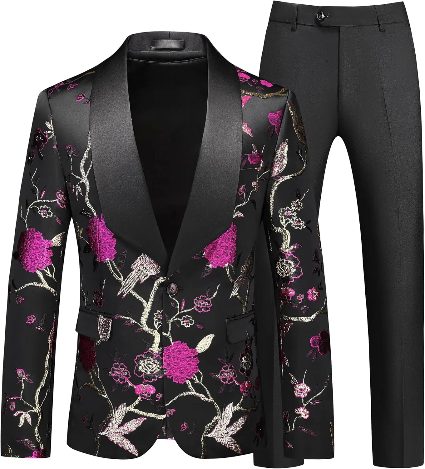 MOGU Mens 3 Piece Suit Slim Fit Tuxedo Floral Print Jacket Vest Pants Set for Wedding Prom Dinner