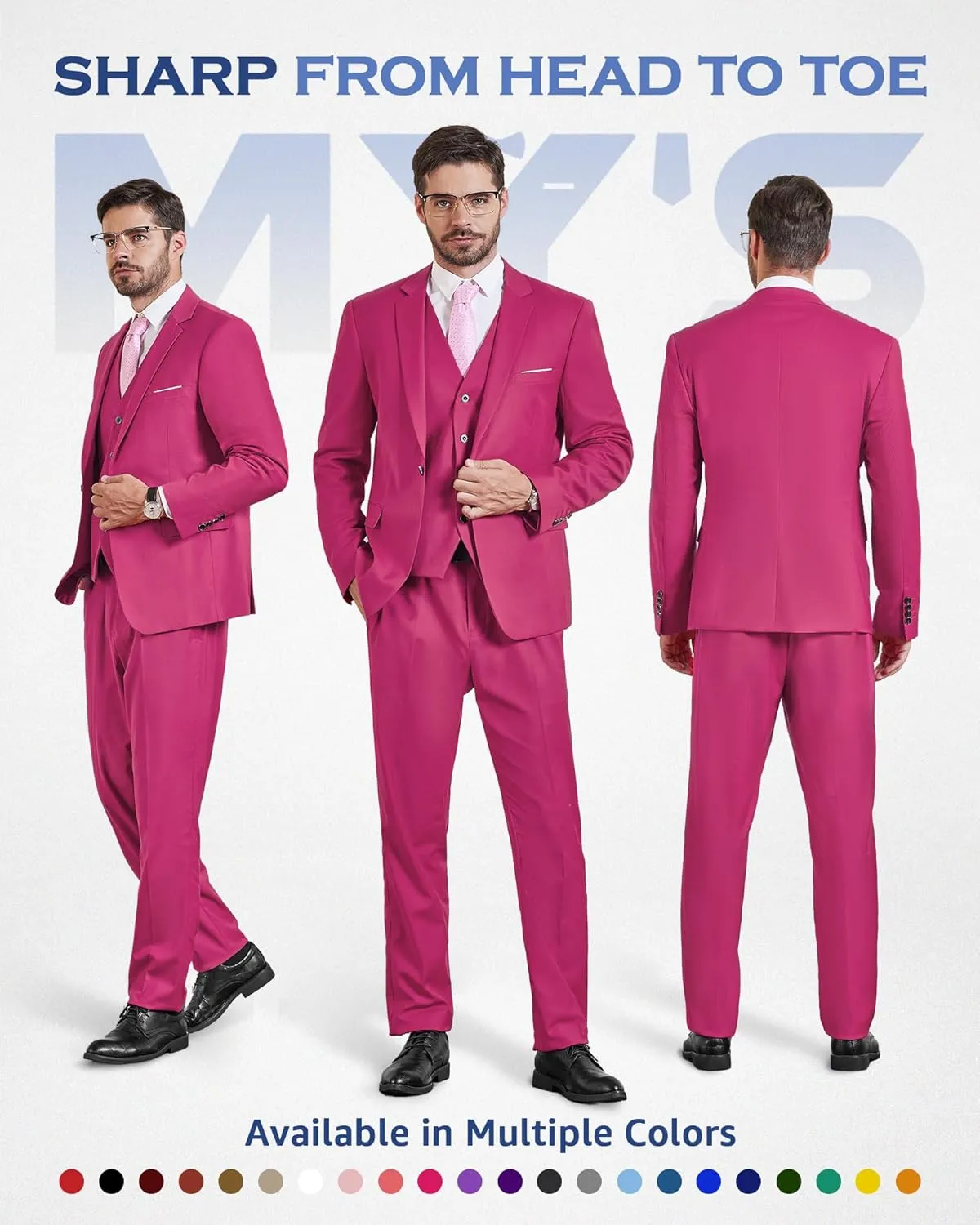 MY'S Men's 3 Piece Solid Suit Set, One Button Slim Fit Jacket Vest Pants with Tie