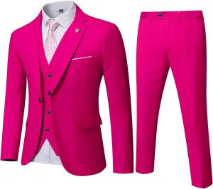 MY'S Men's 3 Piece Solid Suit Set, One Button Slim Fit Jacket Vest Pants with Tie