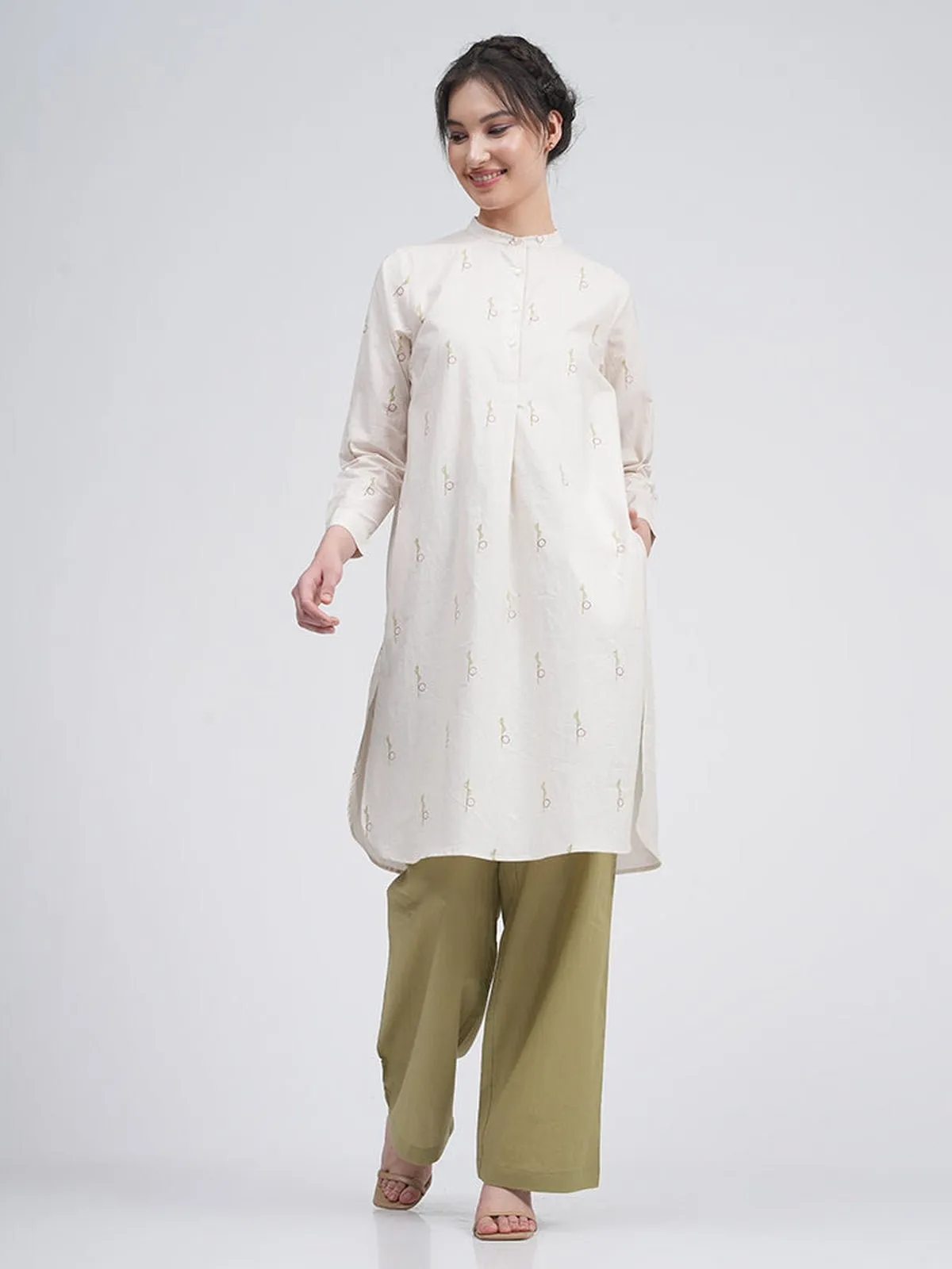 Organic Cotton Block Printed Pleated Tunic with Trousers Co-ord Set