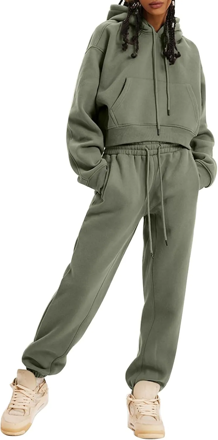 PEHMEA Women's 2 Piece Sweatsuit Outfits, Winter Comfy Lounge Sets for Women, Fleece Hoodies Crop Pullover with Joggers Pants