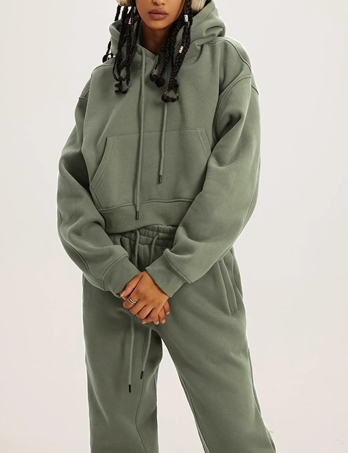 PEHMEA Women's 2 Piece Sweatsuit Outfits, Winter Comfy Lounge Sets for Women, Fleece Hoodies Crop Pullover with Joggers Pants
