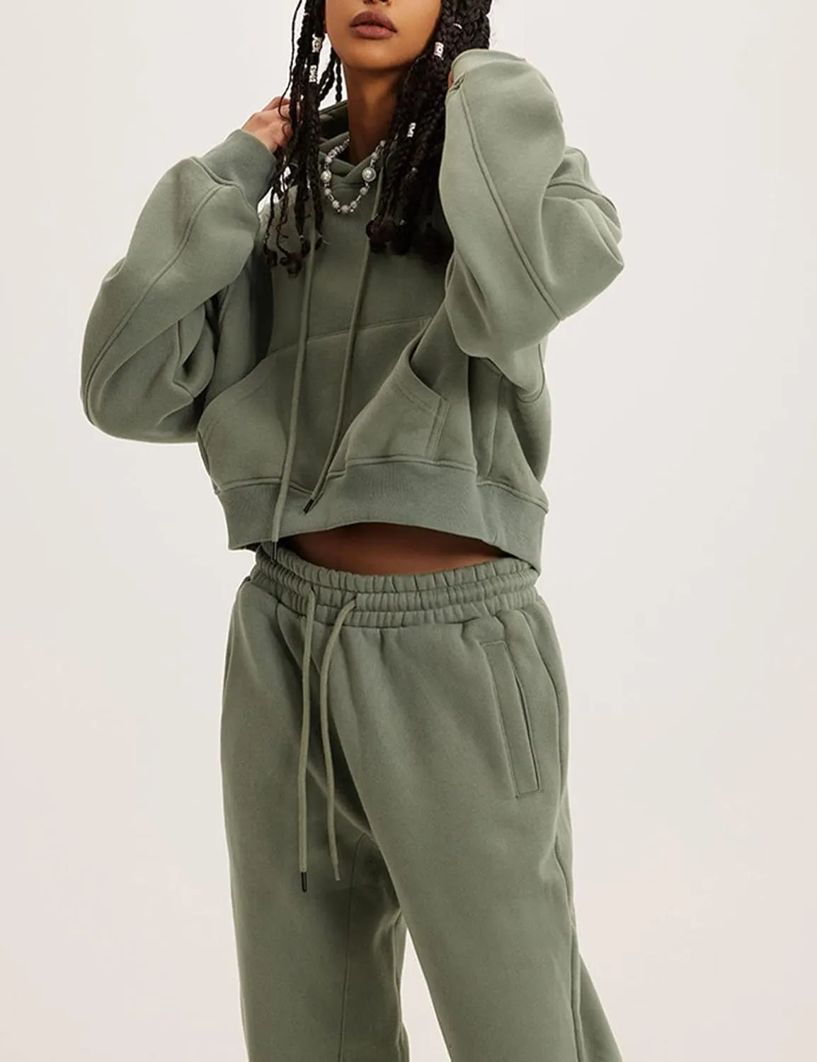 PEHMEA Women's 2 Piece Sweatsuit Outfits, Winter Comfy Lounge Sets for Women, Fleece Hoodies Crop Pullover with Joggers Pants