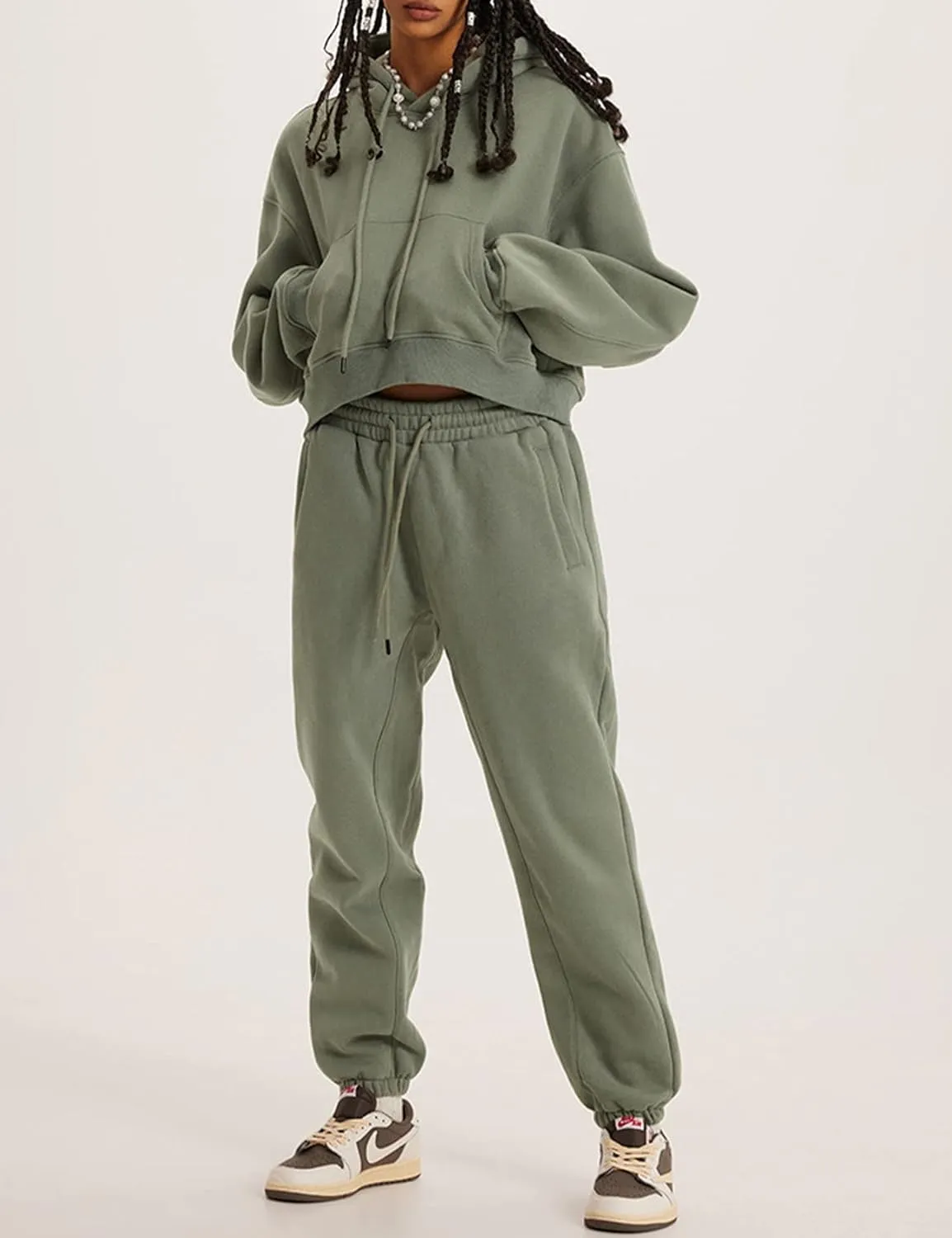 PEHMEA Women's 2 Piece Sweatsuit Outfits, Winter Comfy Lounge Sets for Women, Fleece Hoodies Crop Pullover with Joggers Pants
