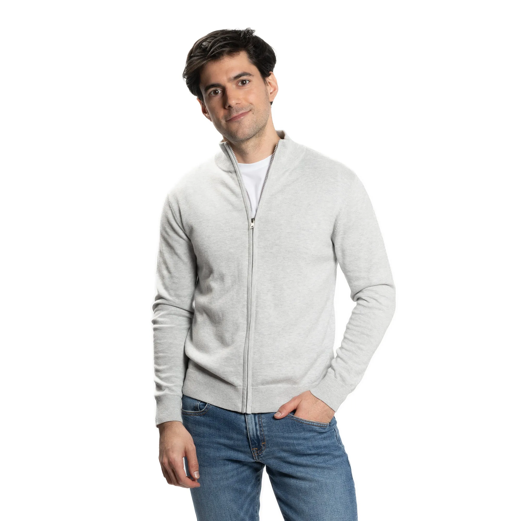 Pima Cotton Zip Sweater - Light Grey