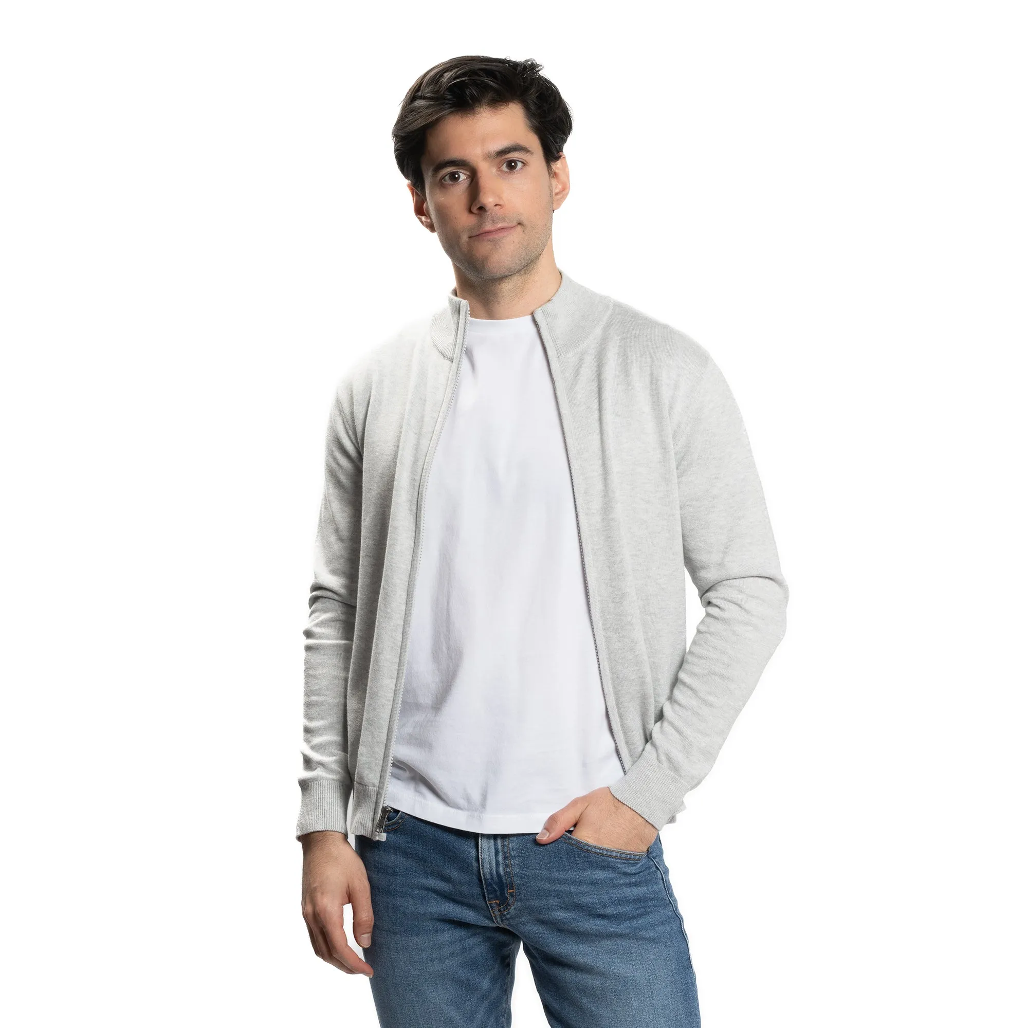 Pima Cotton Zip Sweater - Light Grey