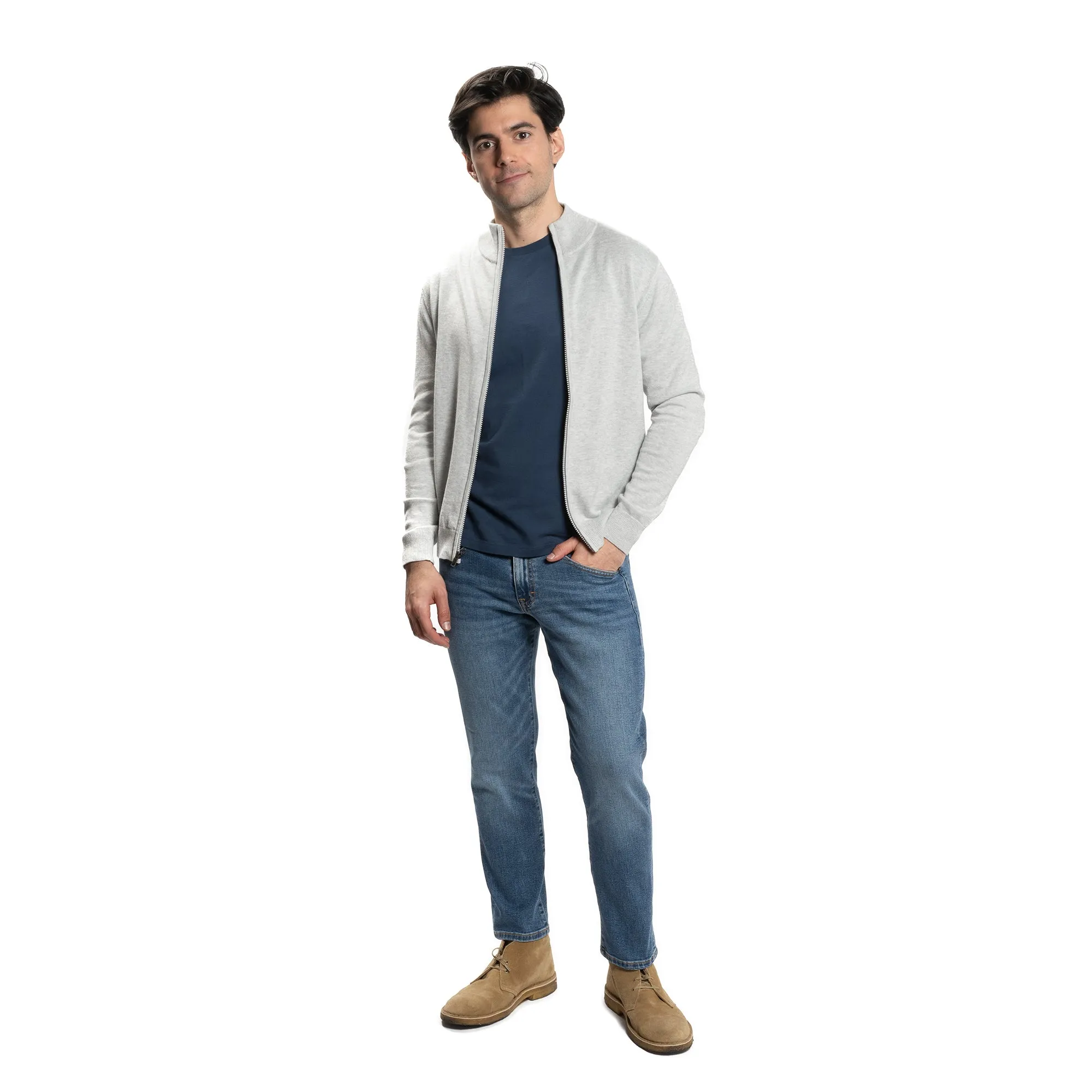 Pima Cotton Zip Sweater - Light Grey