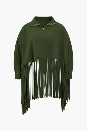 Plus Size Solid Fringe Zipper Sweatshirt - Military Green